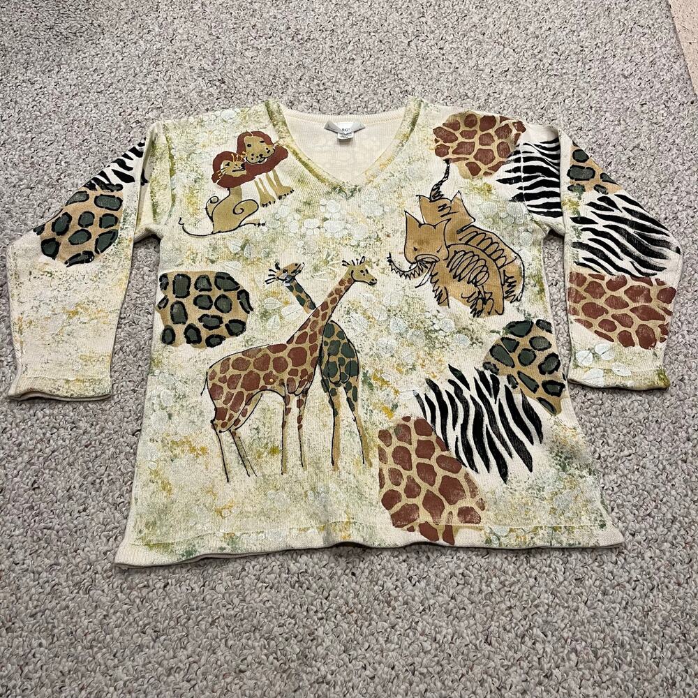 Vintage Marguerita Hand Painted Safari Animal Sweater S/M V NEck Giraffe Lion